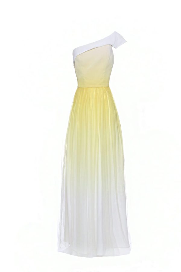 Tulle maxi dress with one-shoulder straps in a yellow batik look