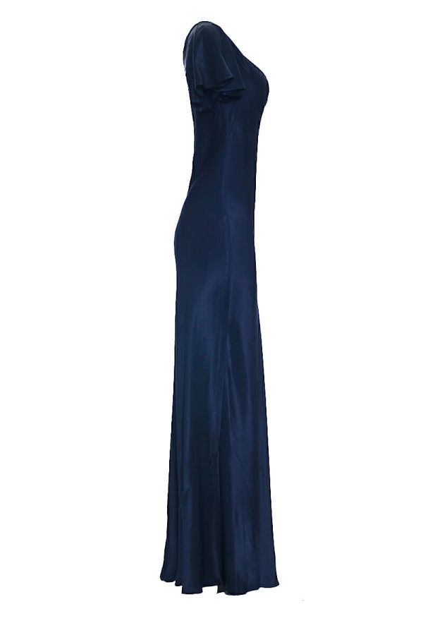 Abendkleid maxi blau V-Ausschnitt